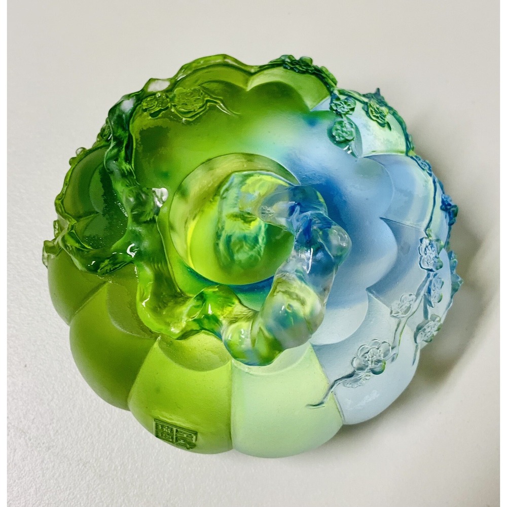 VTG '98 Liuligongfang Asian Green Blue Crystal Art Lotus Decorative Signed RARE! - Picture 6 of 12